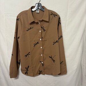 Women's long-sleeve button-down shirt with a dragonfly print.
